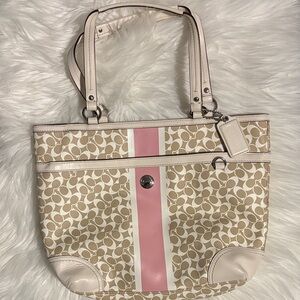 Coach Tan and Pink Heritage Stripe Signature Tote